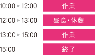 10:00～12:00 作業 12:00～13:00 昼食・休憩 13:00～15:00 作業 15:00 終了